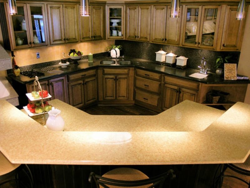 dark brown counters with tan bar and counter 