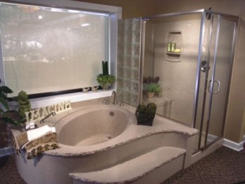 shower with bench and matching tub